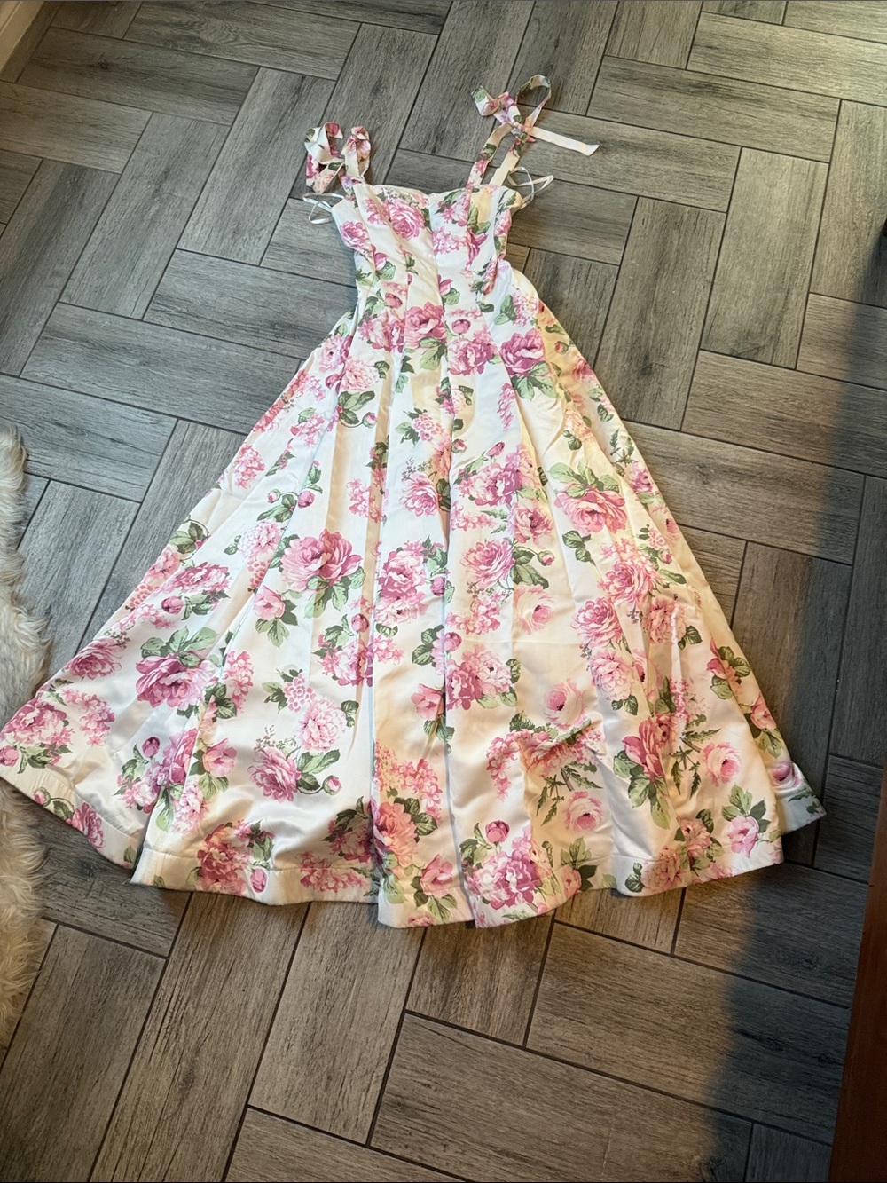 B Darlin White Dress with Pink & Green Floral Print